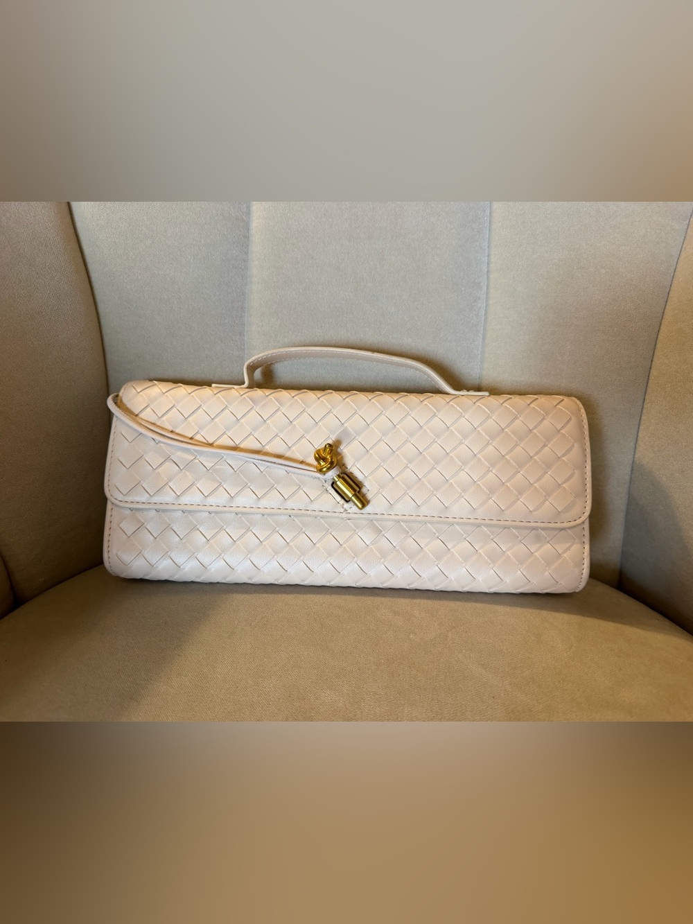 Woven Leather Top-Handle Clutch Handbag in Cream
